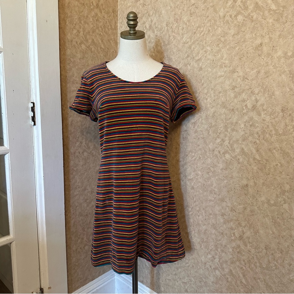 VTG 90s Rainbow Striped Velour Short Sleeve Dress
